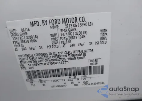 2016 Ford Explorer Xlt из США, поврежденный, VIN 1FM5K7DH7GGD33771